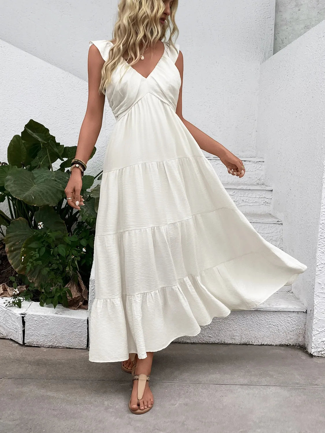 V-Neck Sleeveless Tiered Midi Dress