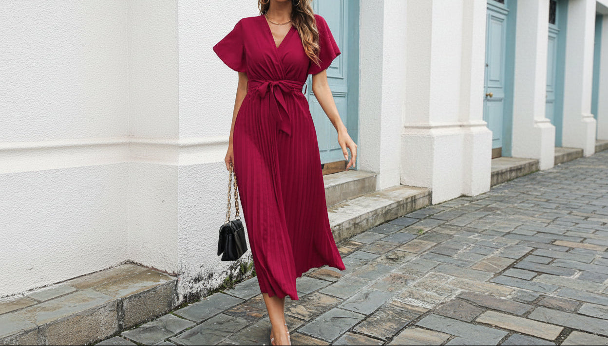 Flutter Sleeve Pleated Midi Dress - Belted Surplice Wrap Dress