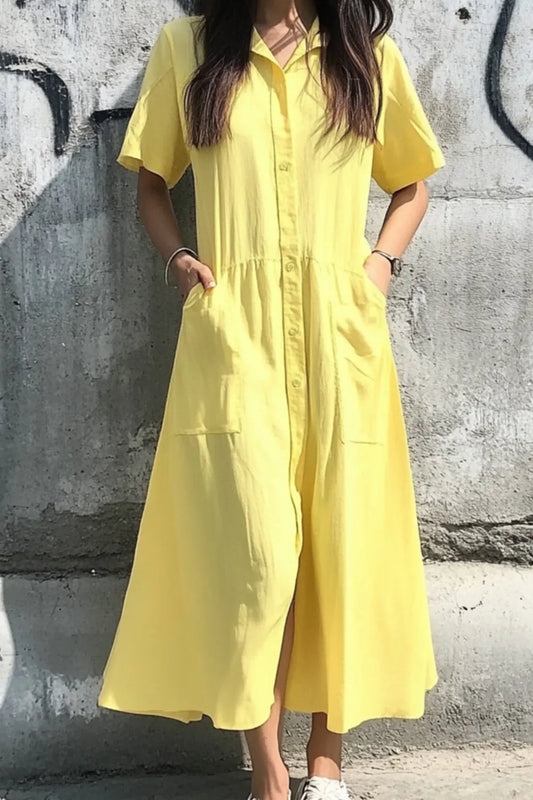 Button Front Midi Shirt Dress - Women's Short Sleeve Shirt Dress Yellow