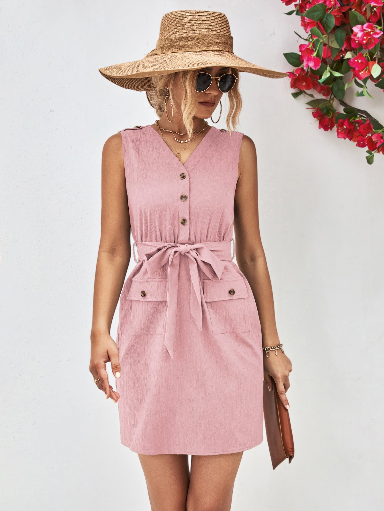 Women's Belted Sleeveless Dress - V-Neck Button Front Mini Dress