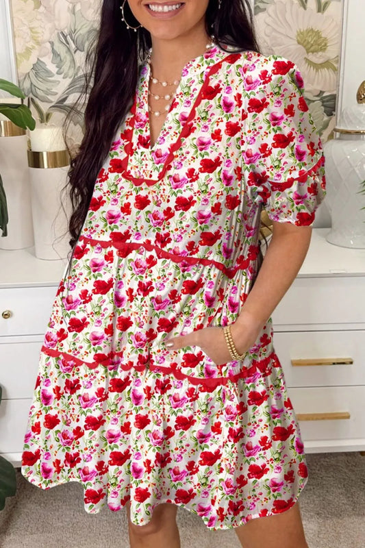 Floral Notched Short Sleeve Dress