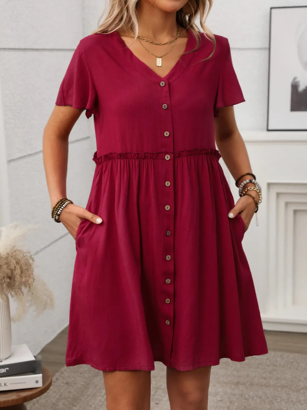 Women's Button Front Mini Dress with Flutter Sleeves and Pockets - Casual Summer Dress red