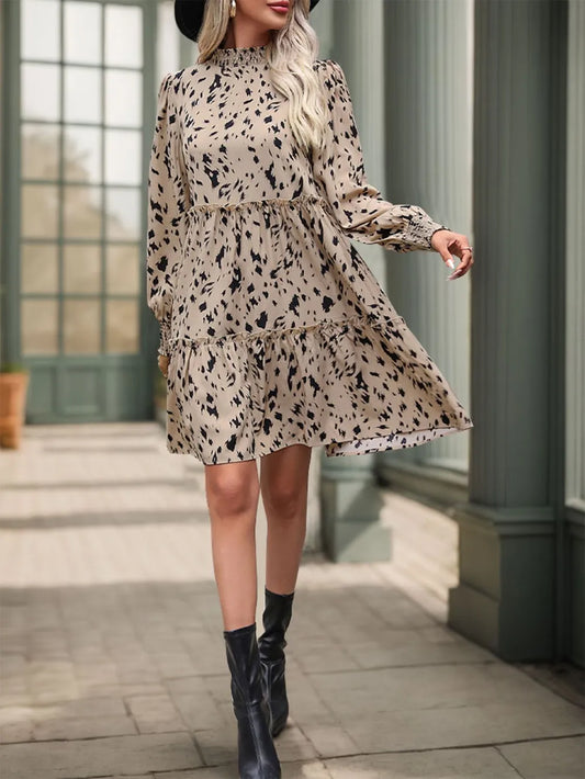 Abstract Print Mini Dress with High Neck and Long Sleeves