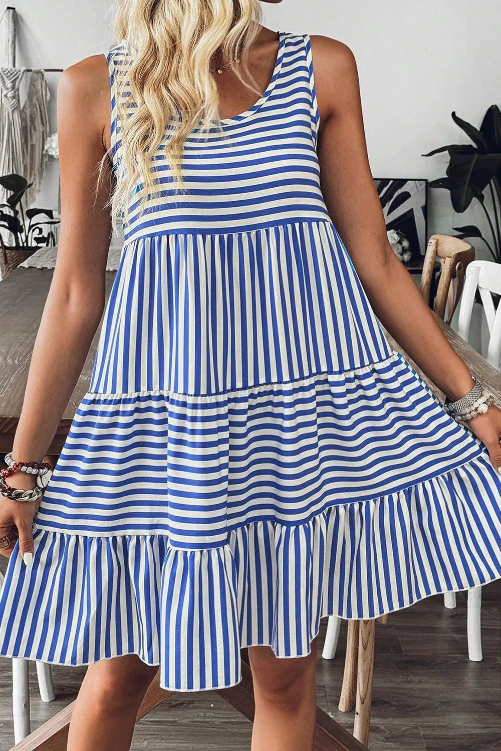 Striped Sleeveless Mini Dress - Tiered Dress for Women - MARIGOLD COLLECTIONS AUSTRALIA