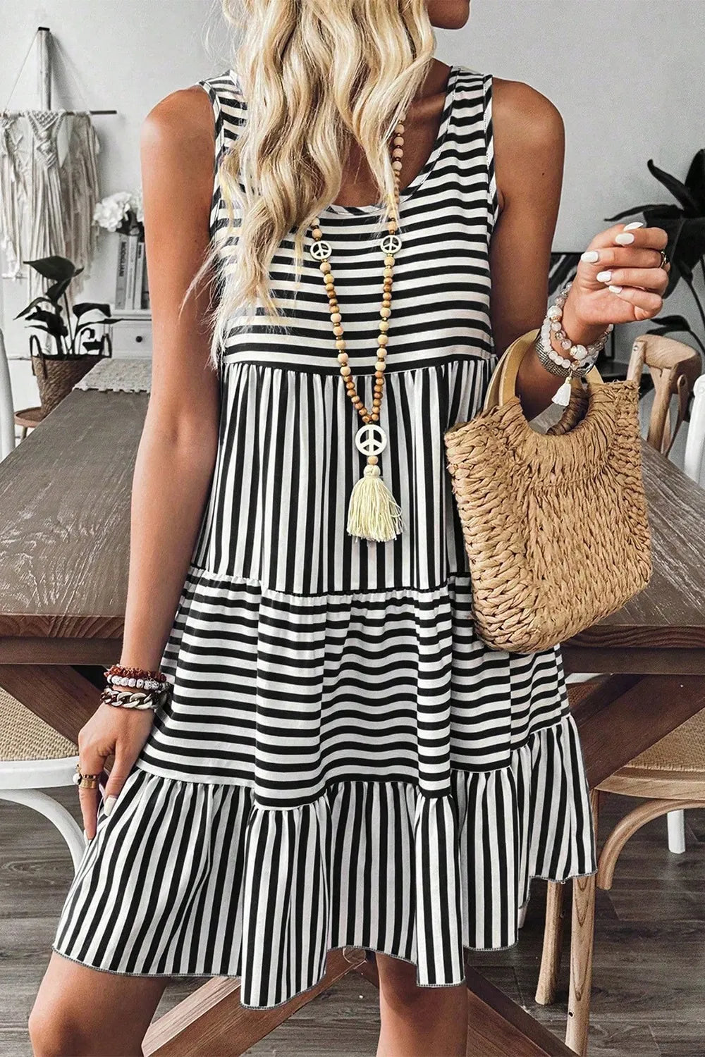 Striped Sleeveless Mini Dress - Tiered Dress for Women - MARIGOLD COLLECTIONS AUSTRALIA