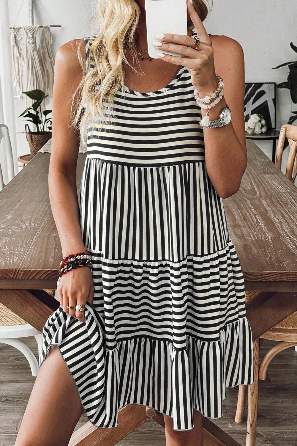 Striped Sleeveless Mini Dress - Tiered Dress for Women - MARIGOLD COLLECTIONS AUSTRALIA