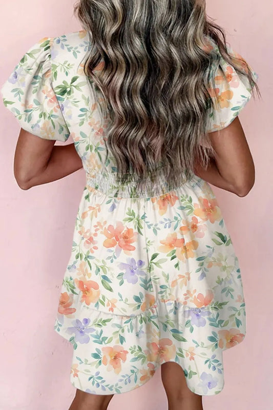 Floral Puff Sleeve Ruffle Hem Mini Dress - MARIGOLD COLLECTIONS AUSTRALIA