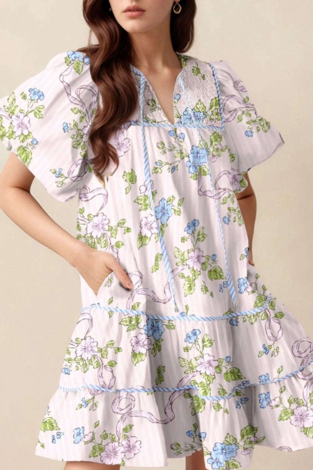Floral Tie Neck Short Sleeve Mini Dress
