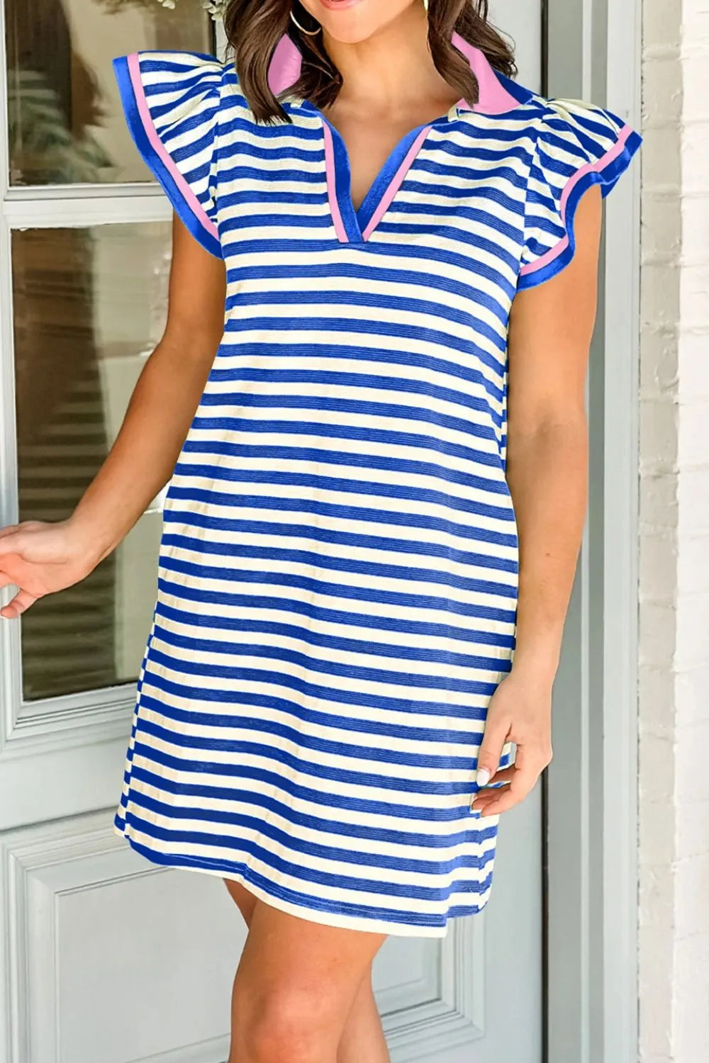 Stripe Collared Flutter Sleeve Mini Dress - MARIGOLD COLLECTIONS AUSTRALIA