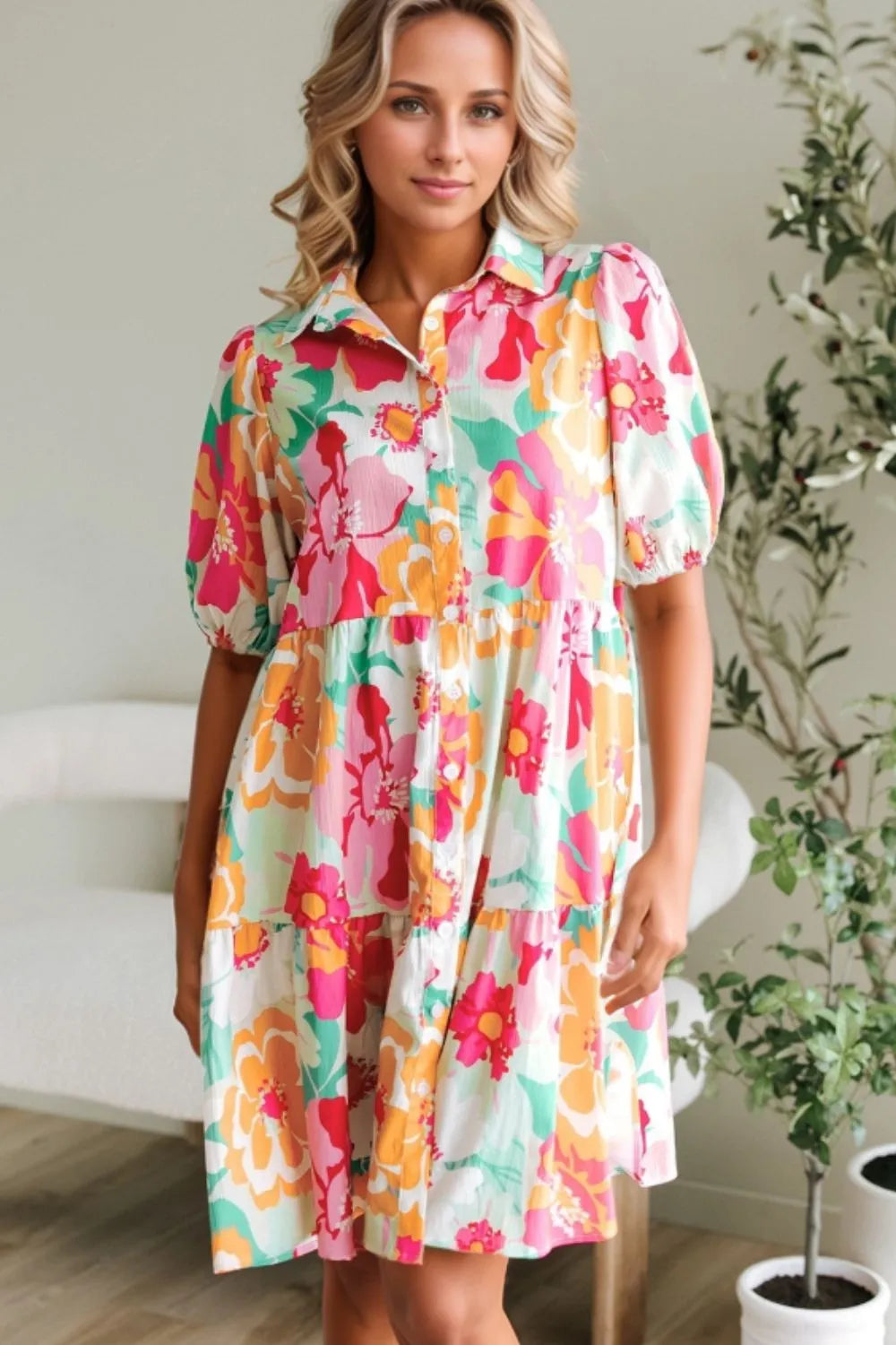 Floral Print Puff Sleeve Shirt Dress - MARIGOLD COLLECTIONS AUSTRALIA