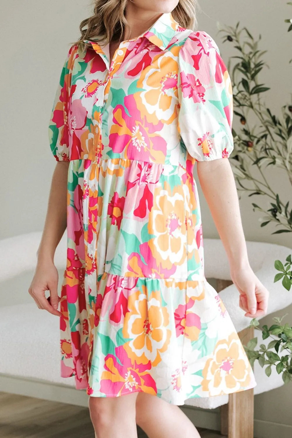 Floral Print Puff Sleeve Shirt Dress - MARIGOLD COLLECTIONS AUSTRALIA