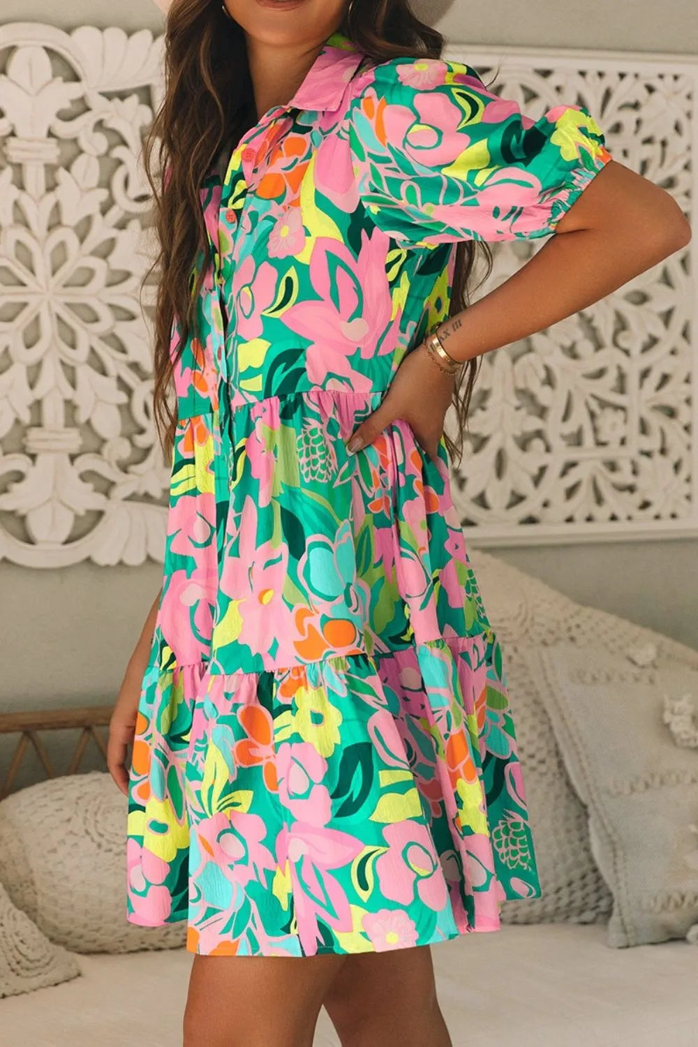 Floral Print Puff Sleeve Shirt Dress - MARIGOLD COLLECTIONS AUSTRALIA