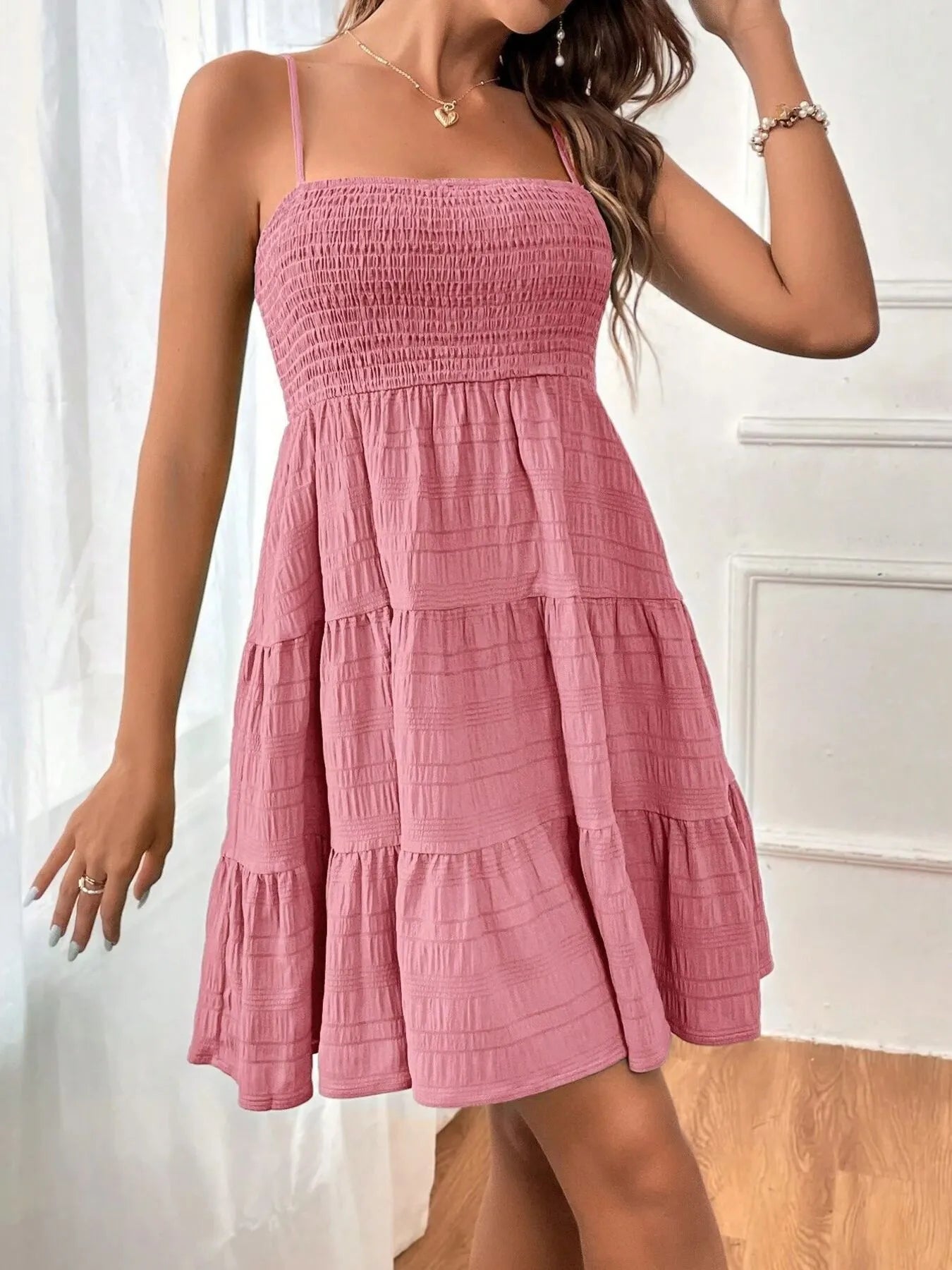 Smocked Tiered Cami Dress pink