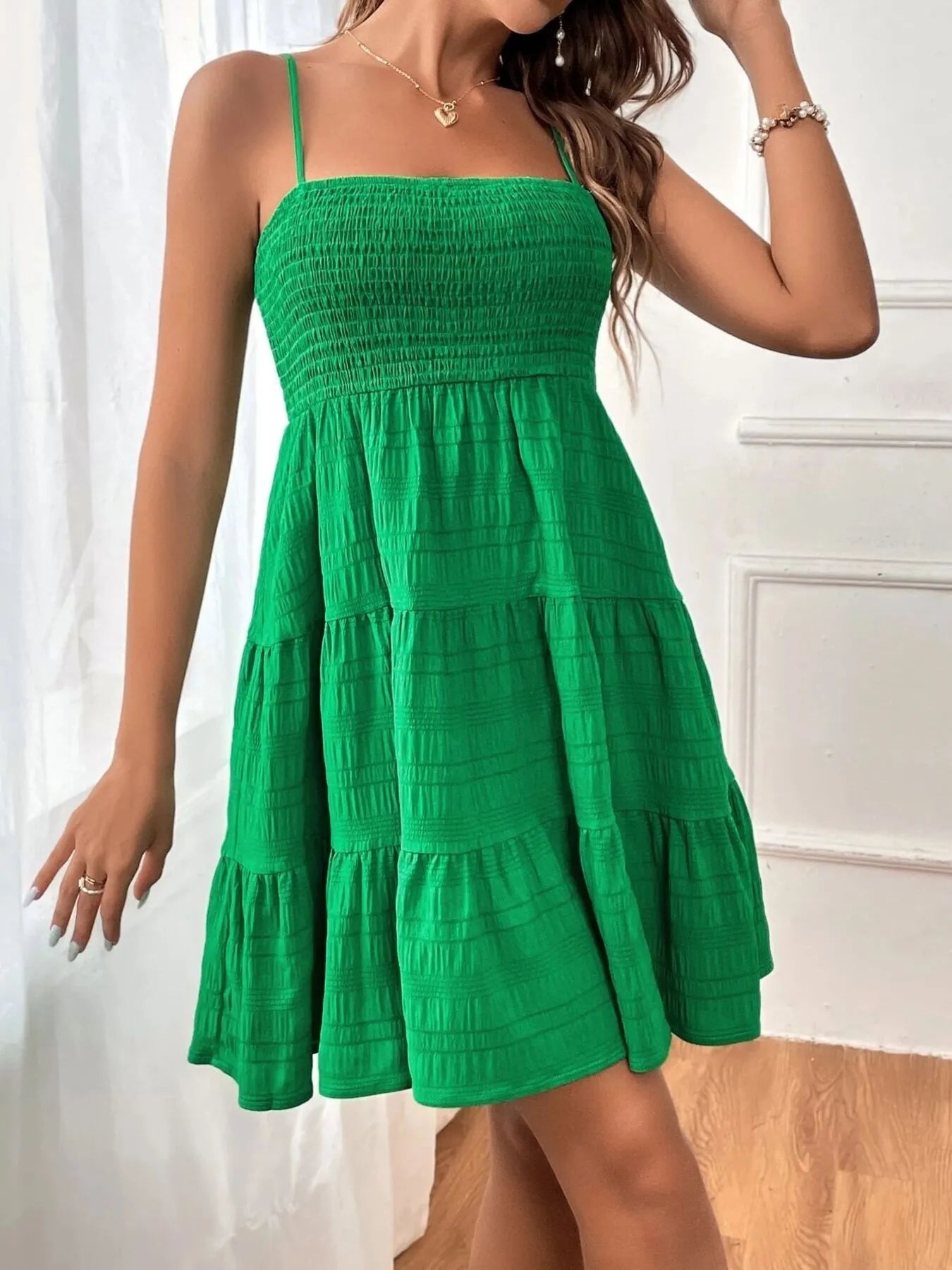 Smocked Tiered Cami Dress green