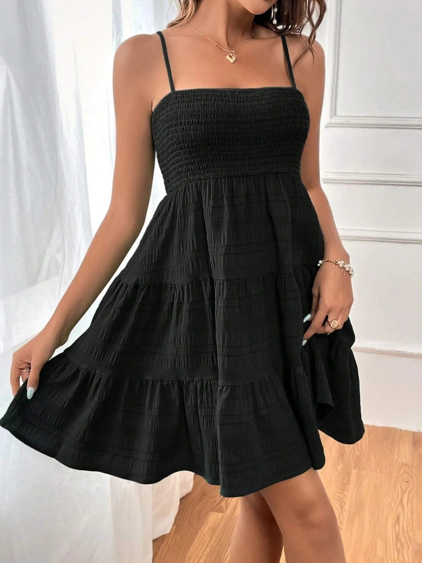 Smocked Tiered Cami Dress black