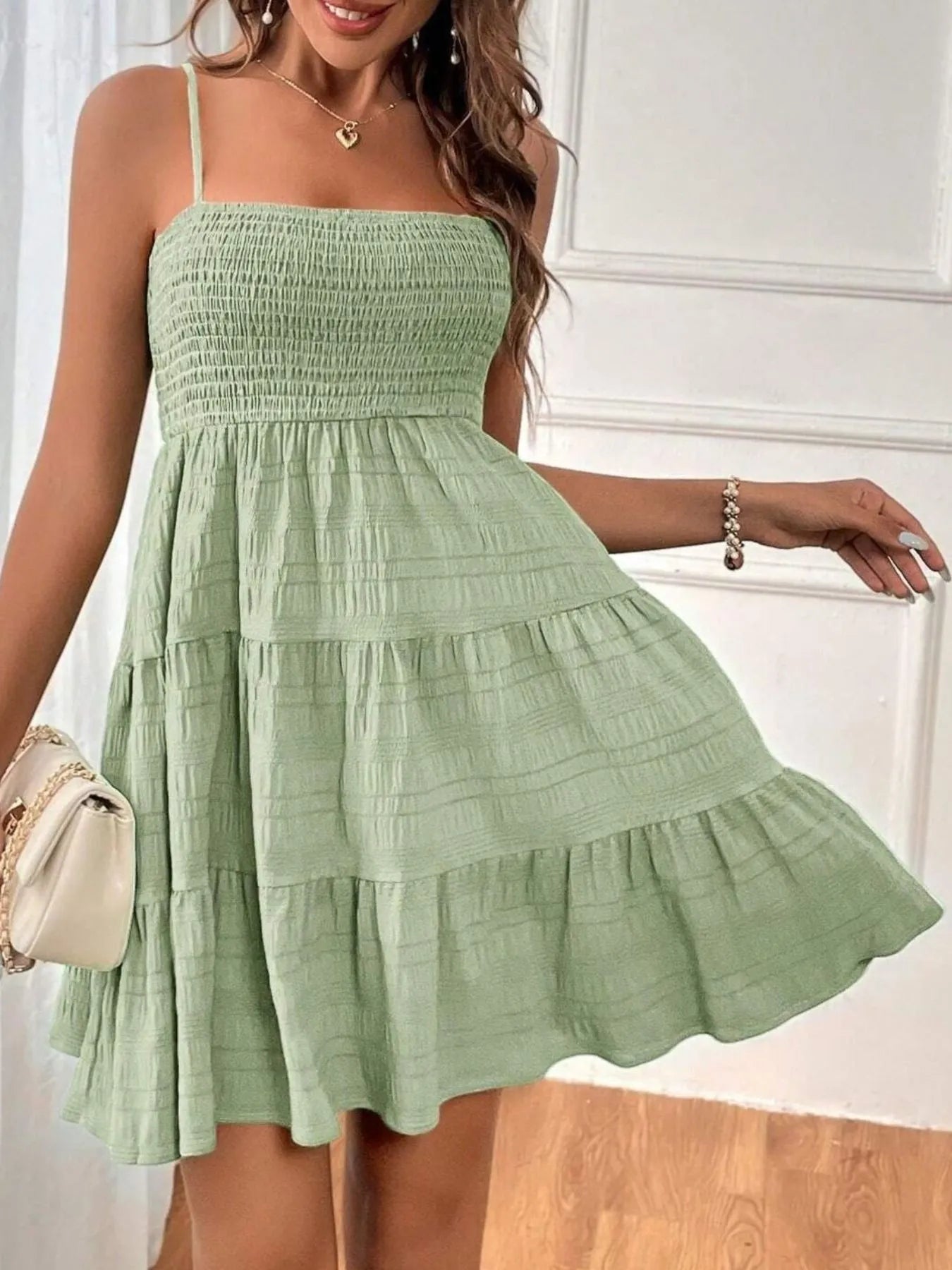 Smocked Tiered Cami Dress light green