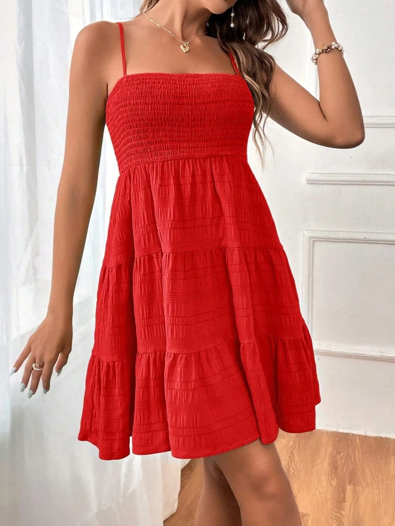 Smocked Tiered Cami Dress red
