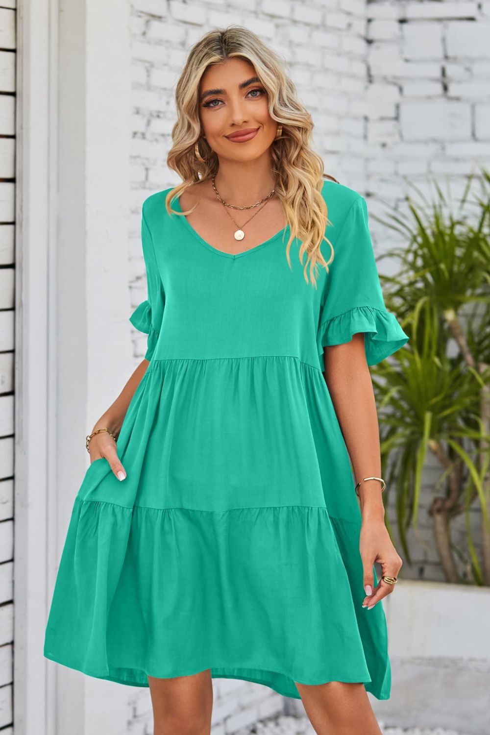 Women's V-Neck Tiered Dress with Flounce Sleeves - Ruffle Sleeve Dress green