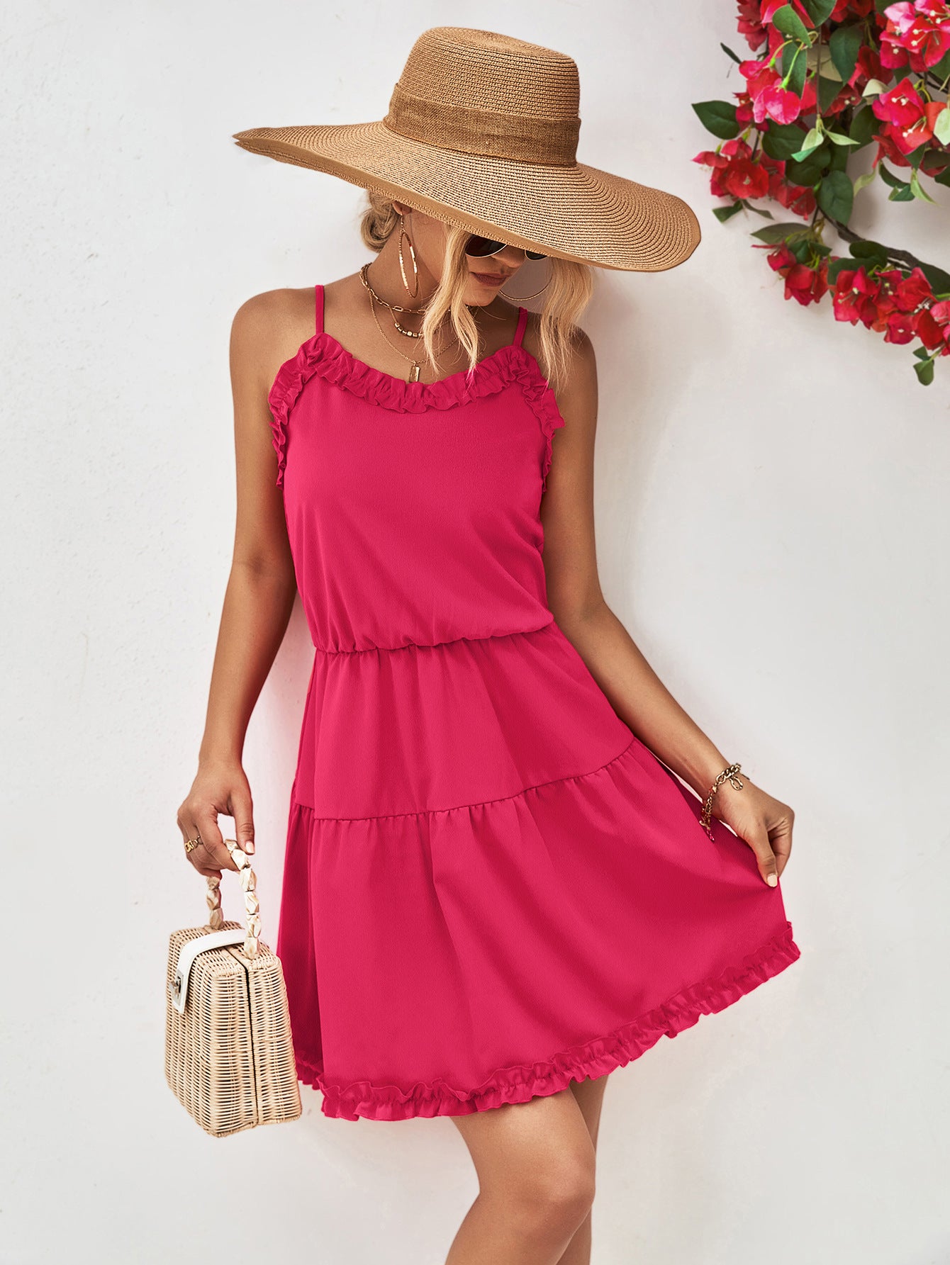 Frill Trim Spaghetti Strap Mini Dress - Women's Party Dress