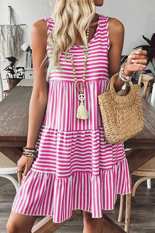 Striped Sleeveless Tiered Mini Dress - Swing Dress for Women