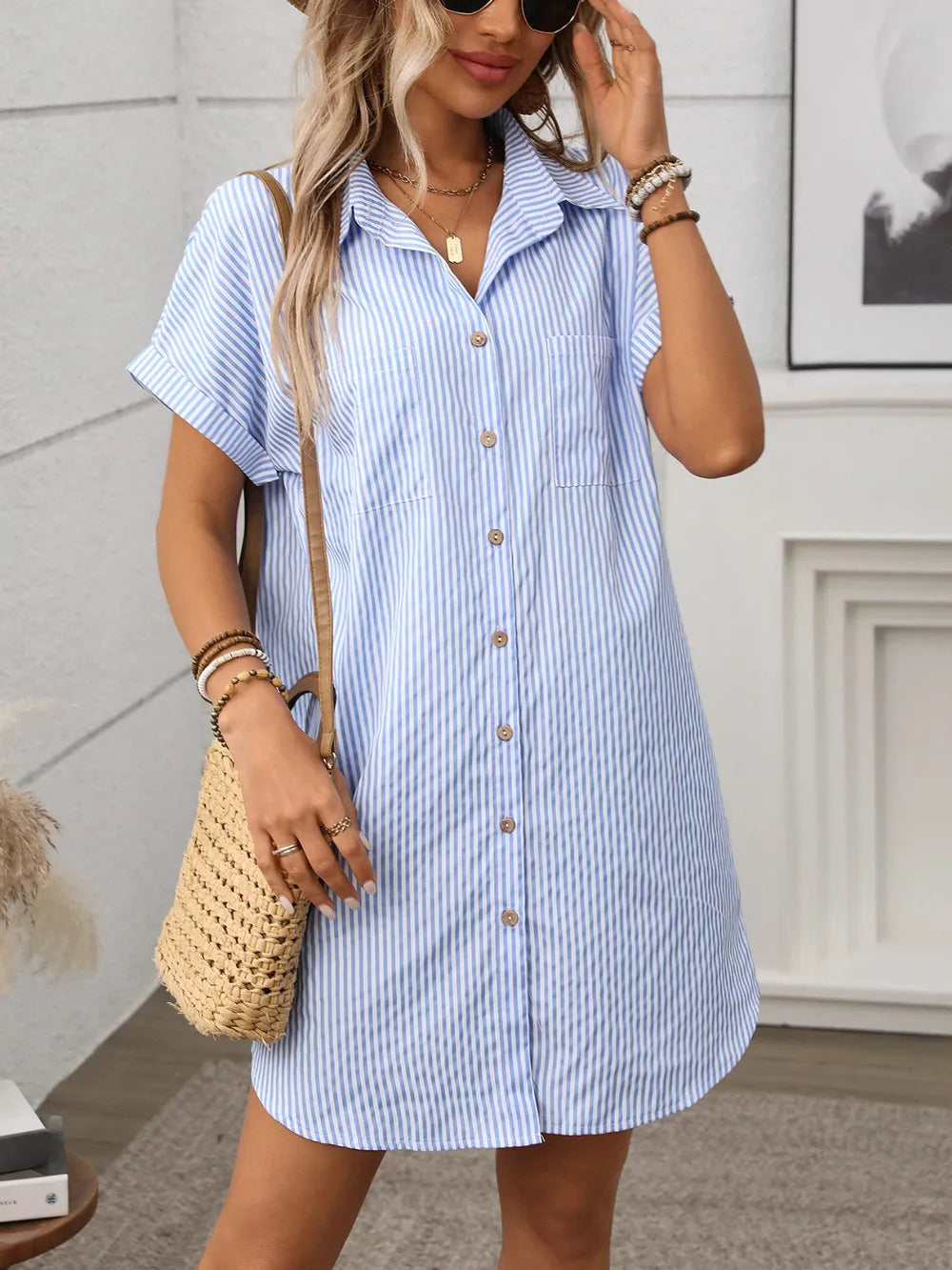 Striped Button Down Mini Dress - Short Sleeve Stripe Shirt Dress