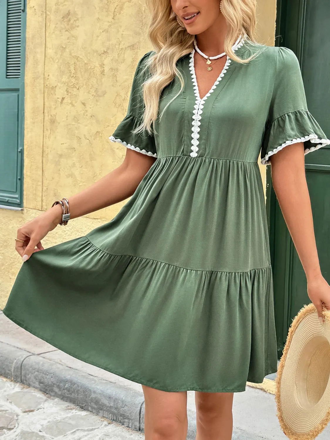 Lace Detail Mini Dress with Flounce Sleeves - Women's Mini Dress