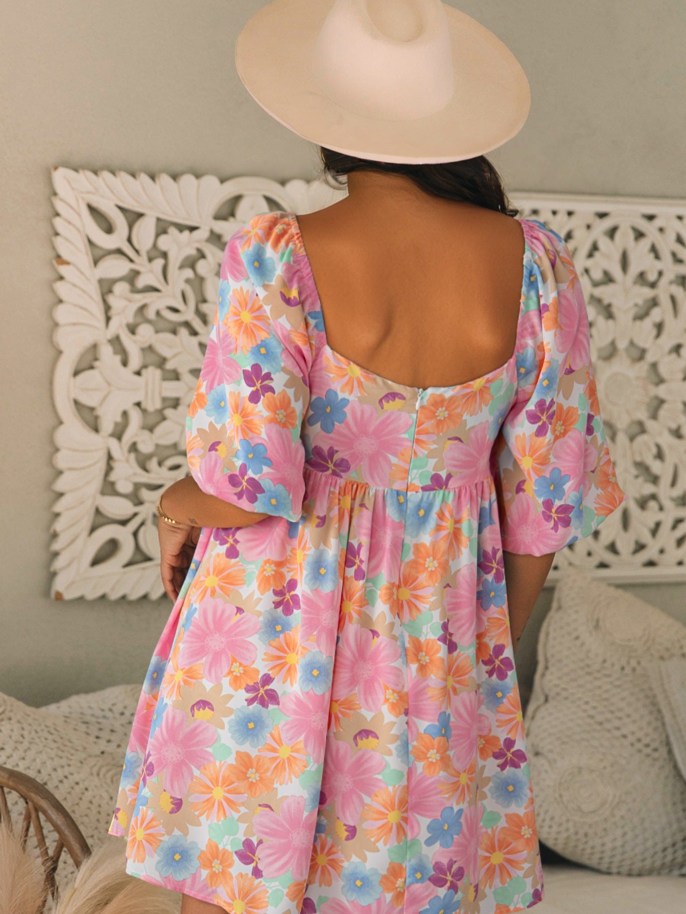 Floral Print Square Neck Mini Dress - MARIGOLD 