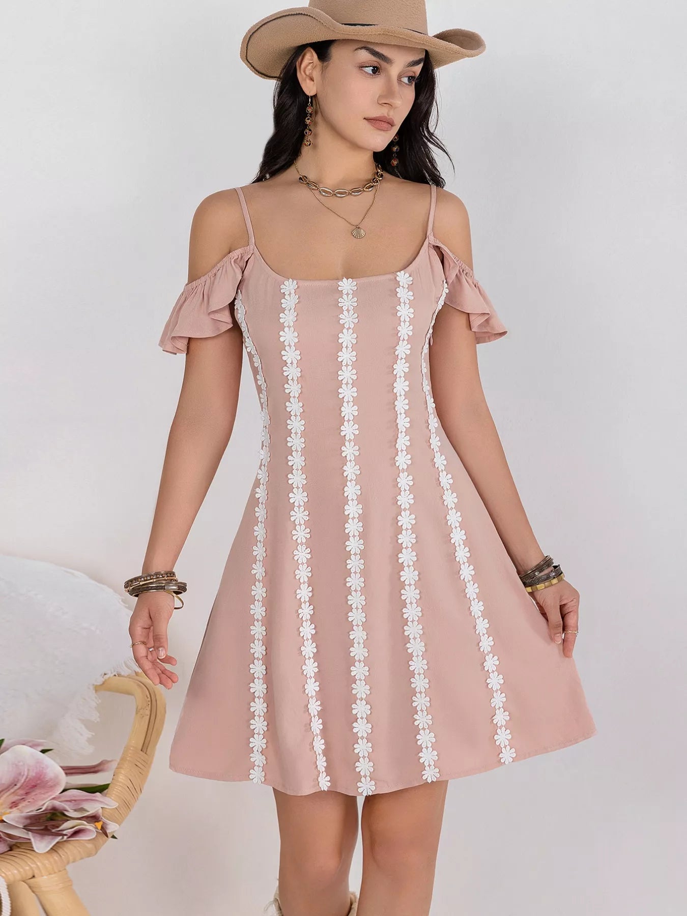 Floral Trim Cold Shoulder Dress - A-Line Mini Dress with Ruffle Sleeves Blush