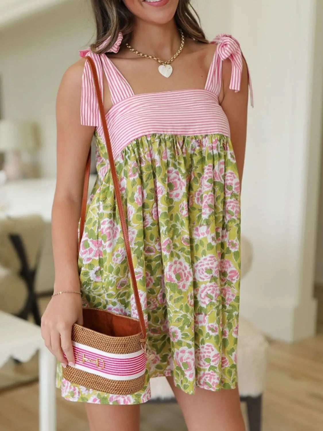 Floral Tie Shoulder Mini Dress pink