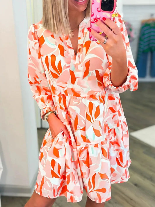 Floral Long Sleeve Dress Women - Notched Neck Pocketed Mini Dress