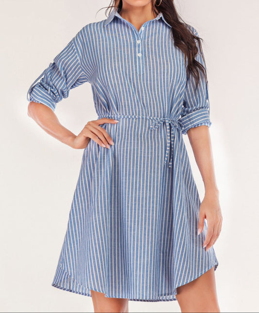 Striped Shirt Dress - Belted Long Sleeve Shirt Dress