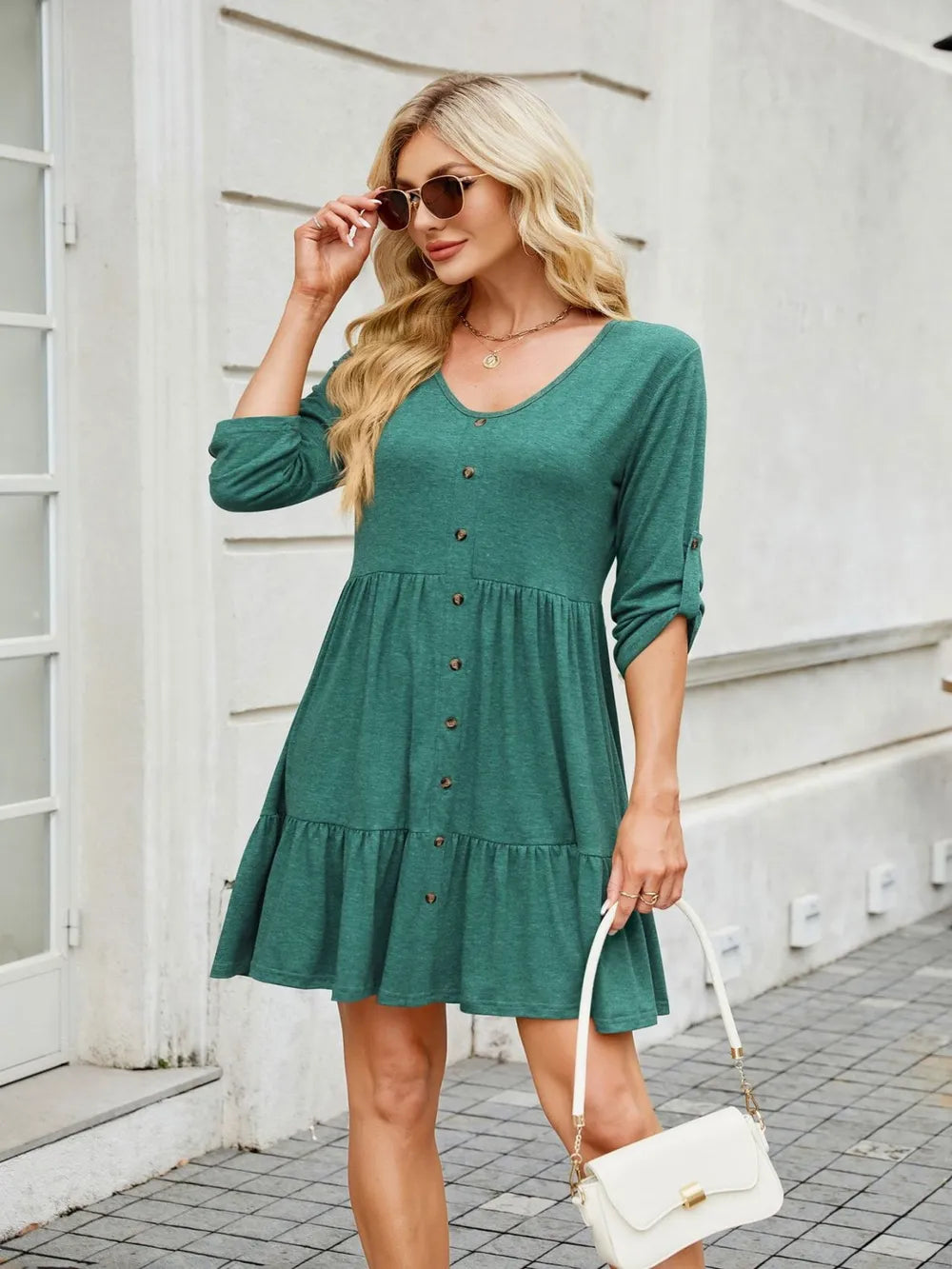 Roll up Sleeve Tiered Mini Dress green