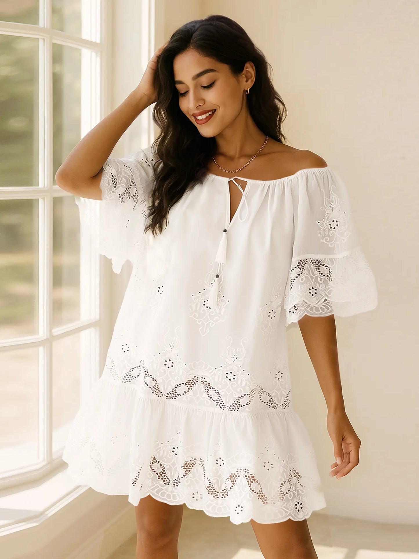 Embroidered Eyelet Ruffled Tassel Tie Dress
