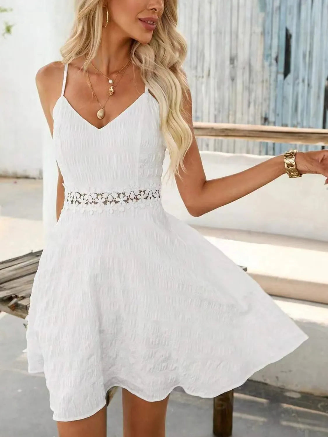 Lace Detail Mini Dress - V-Neck Cami Dress for Women - MARIGOLD COLLECTIONS AUSTRALIA
