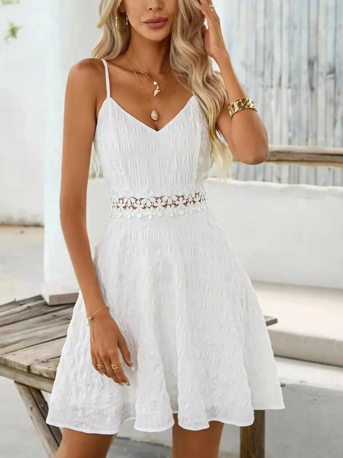 Lace Detail Mini Dress - V-Neck Cami Dress for Women - MARIGOLD COLLECTIONS AUSTRALIA
