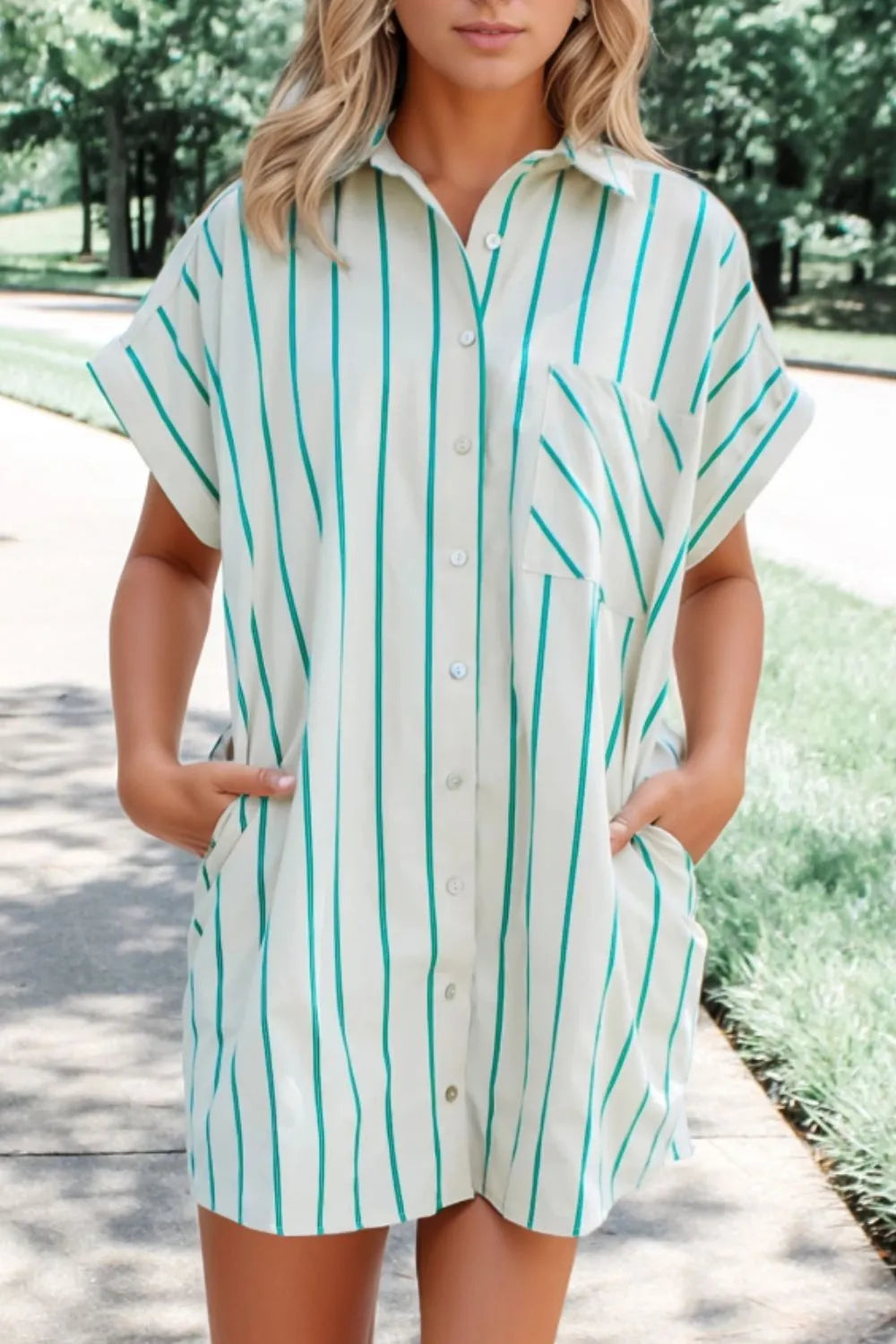 Striped Cotton Mini Shirt Dress with Pockets - Short Sleeve Shift Dress