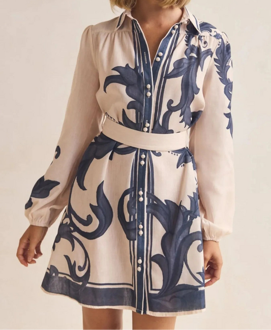 Abstract Print Long Sleeve Shirt Dress