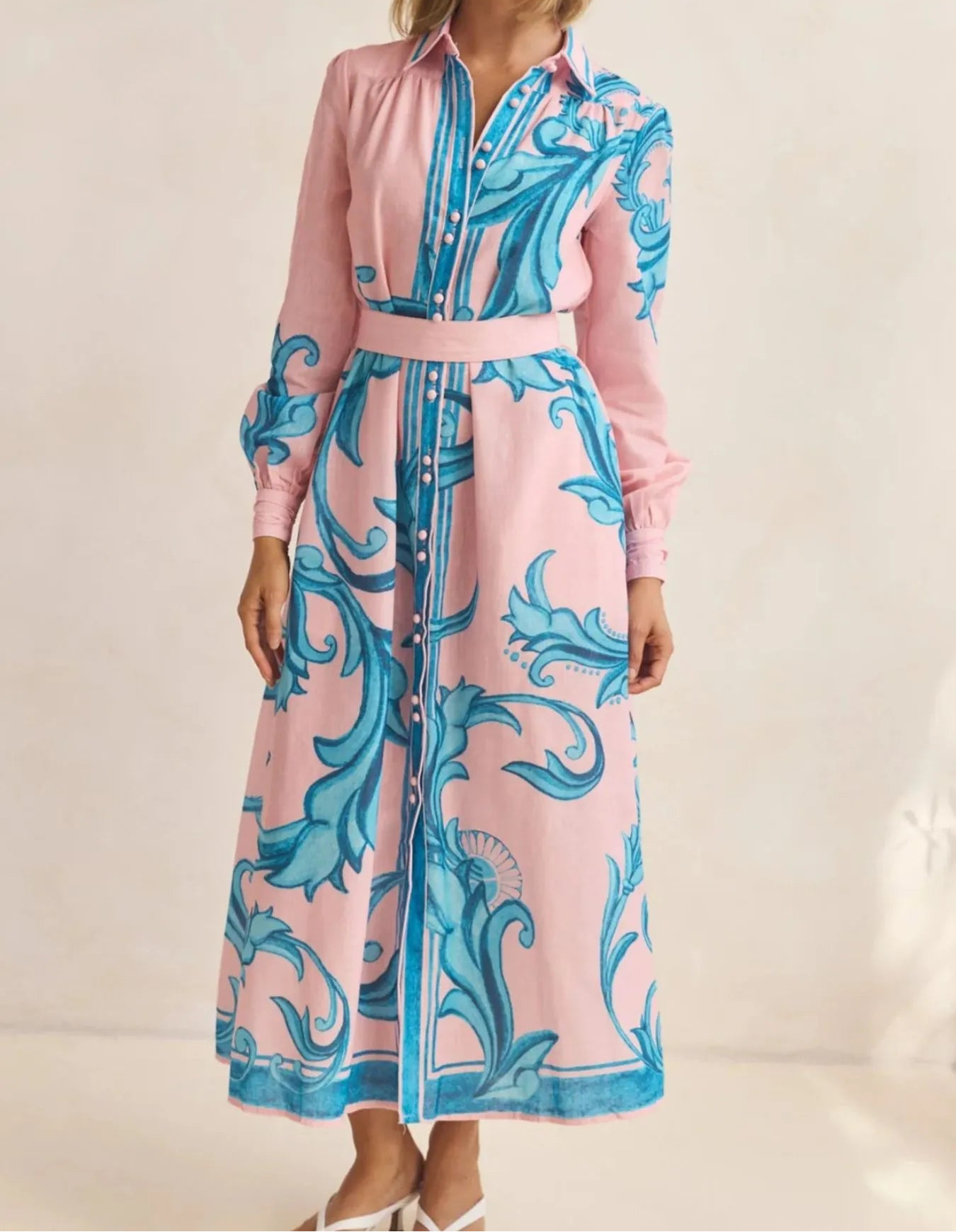 Printed Button Down Belted Shirt Dress
