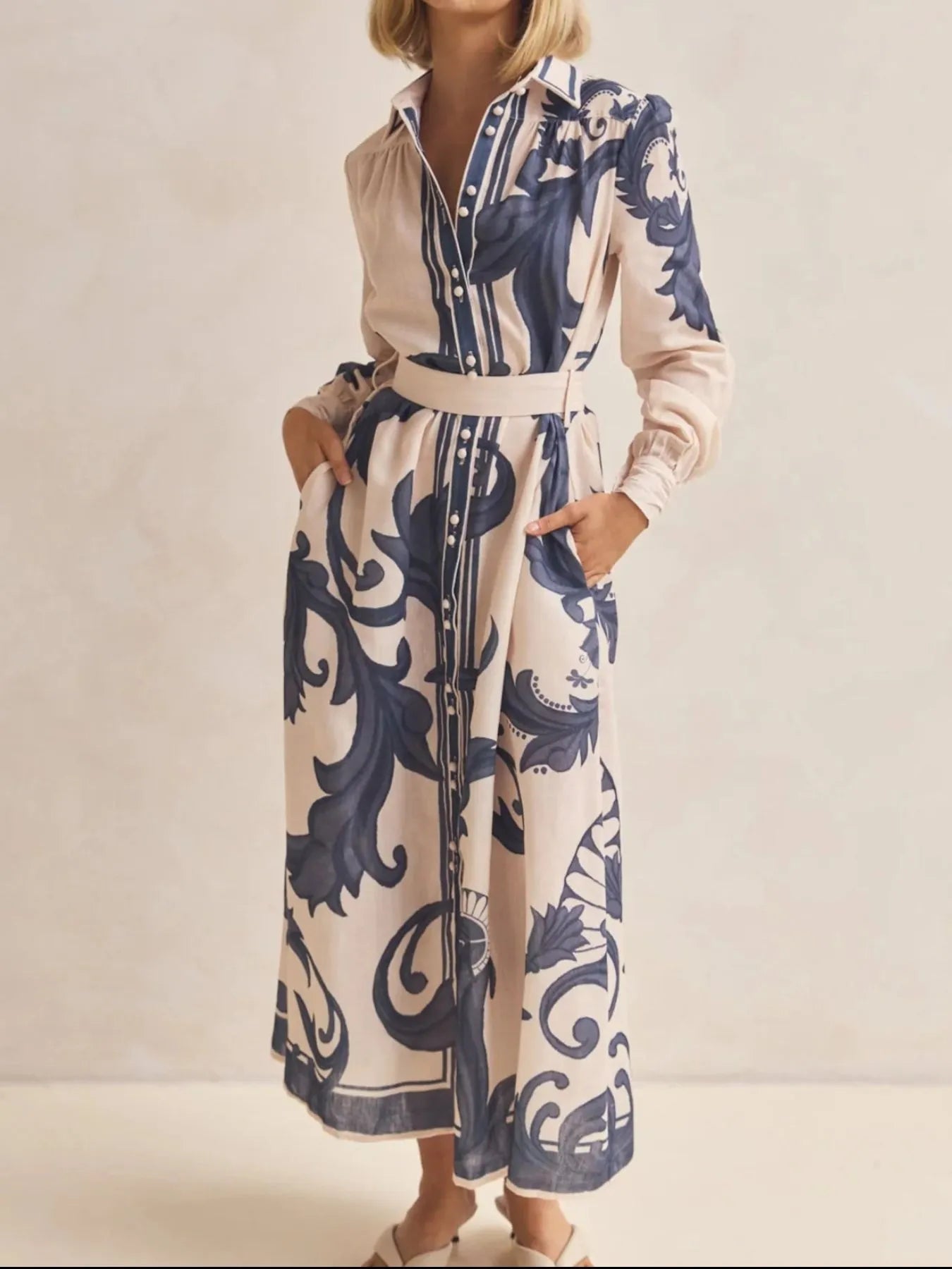 Printed Button Down Belted Shirt Dress Apricot