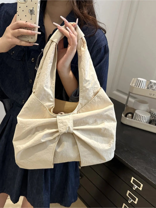 Ruched Bow Shoulder Bag beige