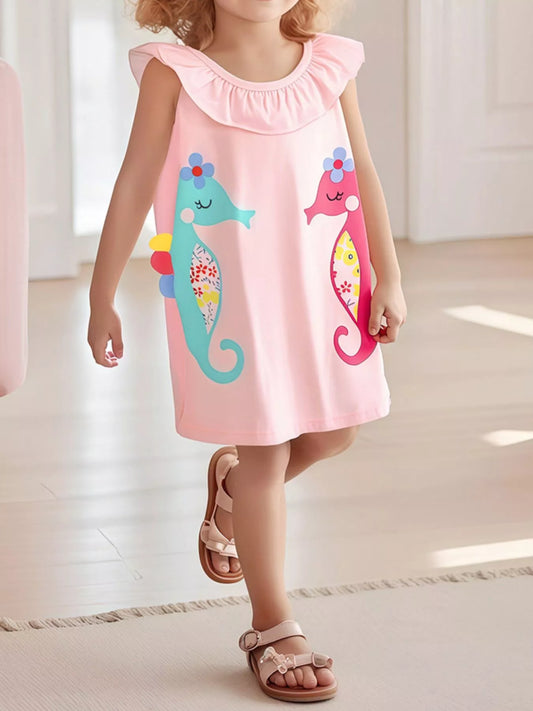 Girls Seahorse Dress - Sleeveless Cotton Summer Dress with Ruffle Collar (2-7 Years)