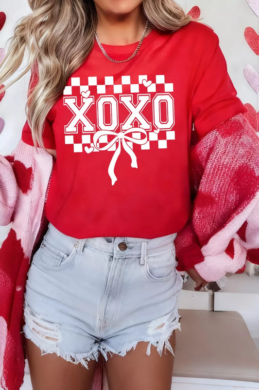 Valentine's Day T-Shirt - XOXO Checkered Ribbon Bow Print | Women's Graphic Tee