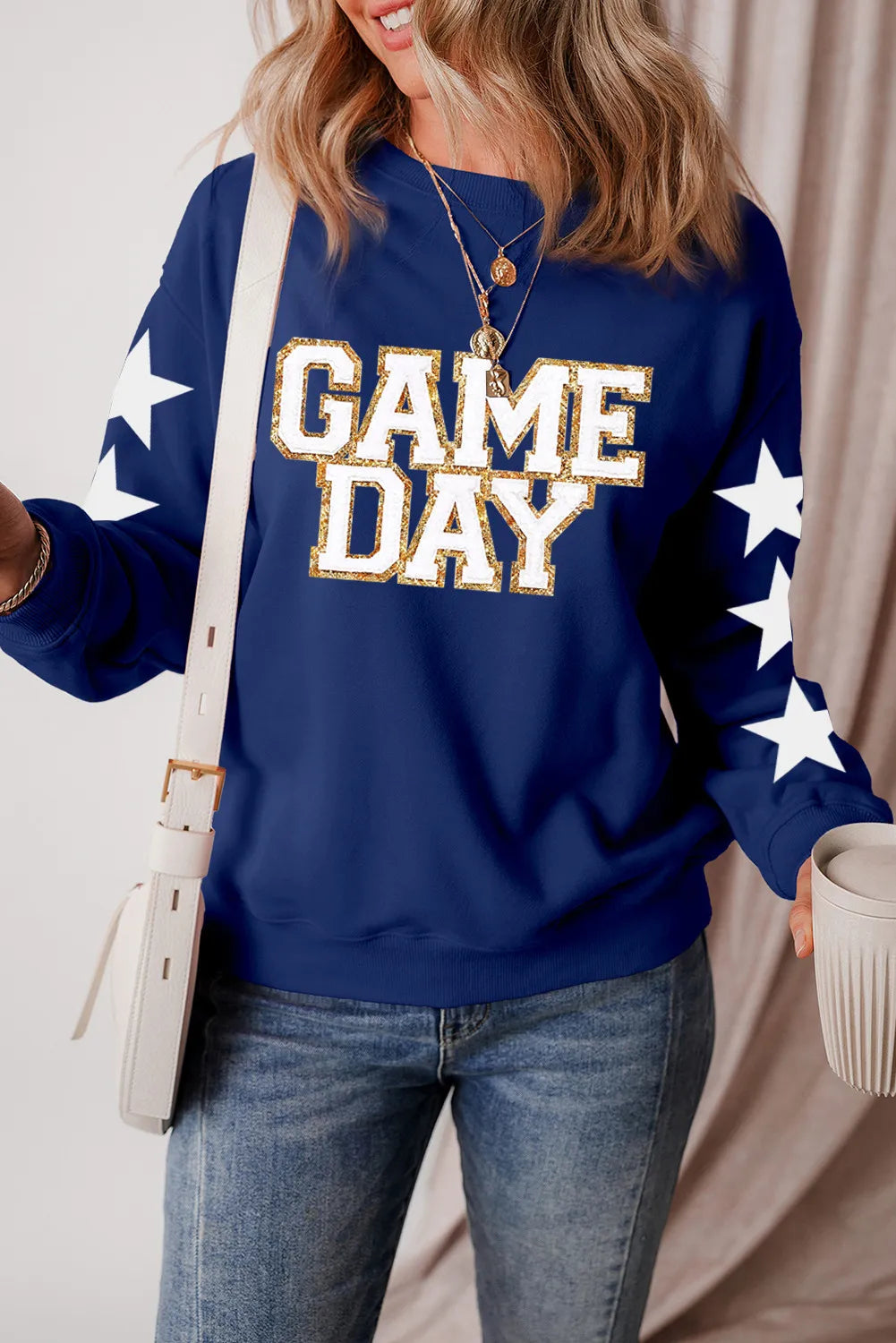 Game Day Star Glitter Graphic Sweatshirt - Women's Long Sleeve Round Neck Top