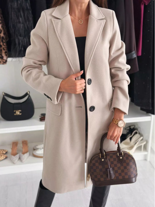 Women's Lapel Collar Long Sleeve Coat - Classic Autumn/Winter Jacket khaki