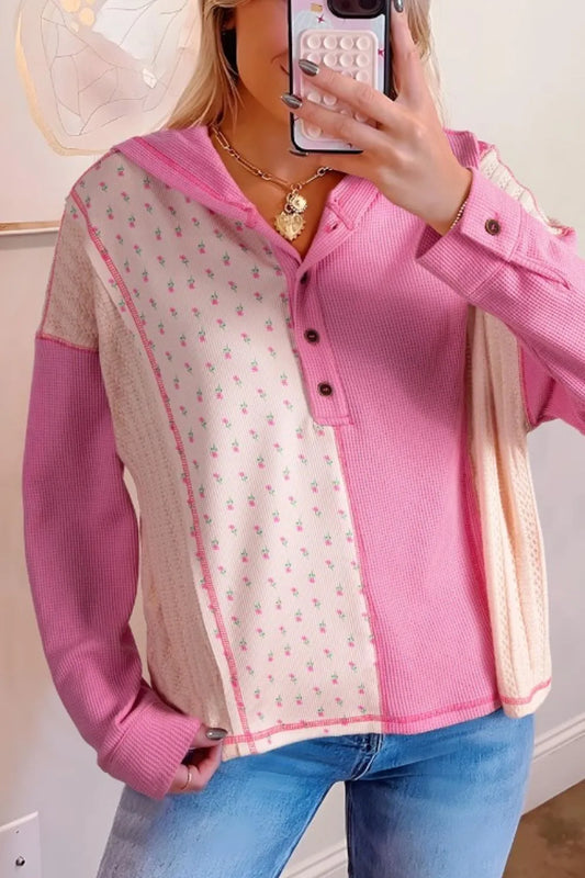Color Block Button Detail Hoodie pink