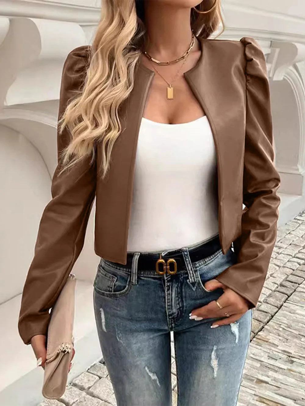 Women's Faux Leather Jacket - Puff Sleeve Open Front Jacket
