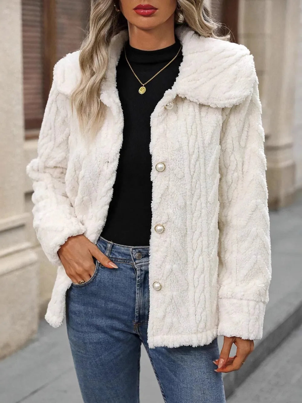 Women's Fuzzy Button Up Coat - Textured Collared Jacket