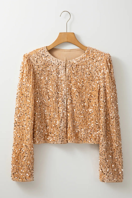 Sequin Open Front Long Sleeve Jacket tan