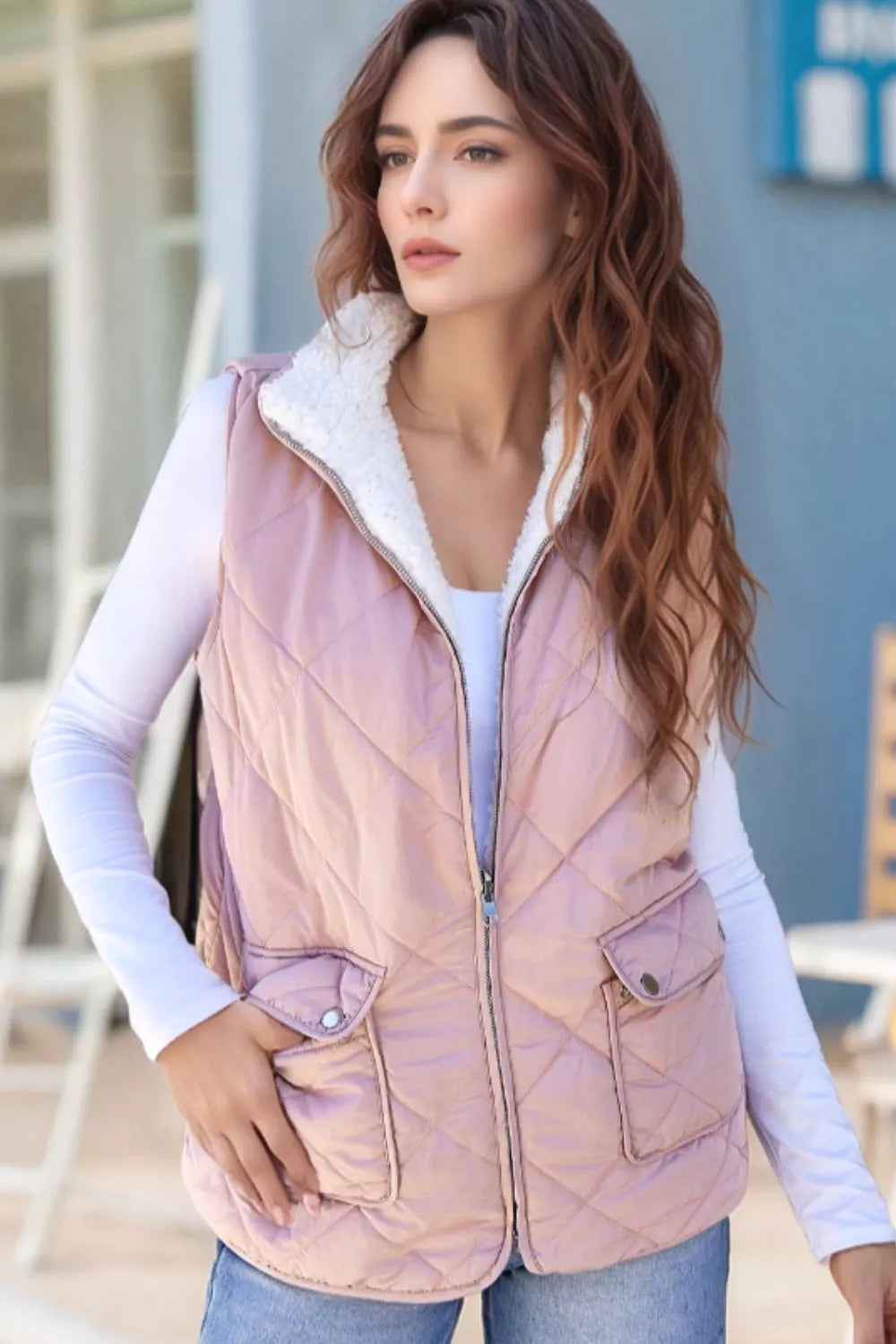 Quilted Sherpa-Lined Vest Coat