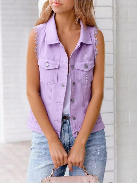 Women's Denim Vest - Button-Down Raw-Hem Denim Vest (Sizes S–5XL) Lilac